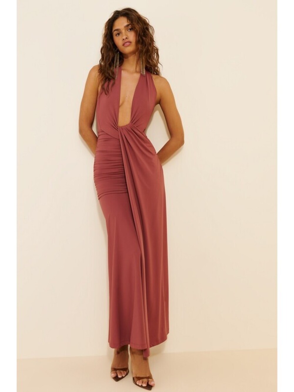 Anthropologie x Bardot - Elegant Mauve Halter Neck Ruched Maxi Dress, Size L
